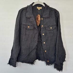 NWT WAYAN Black Frayed-Edge Button Linen Jacket S New with tag